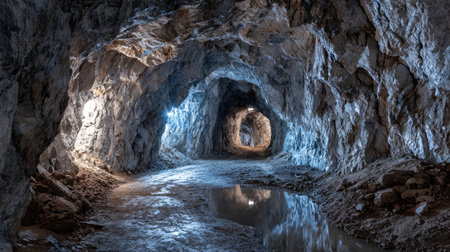 This captivating image captures a serene underground cave featuring dramatic rock formations and tranquil water reflections. Explore the enchanting atmosphere.の素材