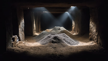 This atmospheric image depicts an underground cavern with light beams illuminating piles of gravel and dust, creating a mysterious ambiance.の素材
