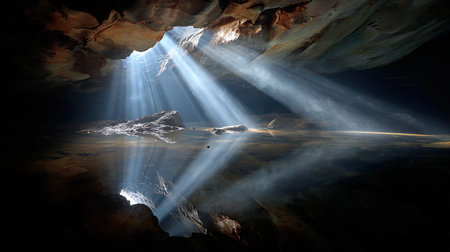 This captivating image showcases a stunning cave interior where rays of light penetrate from above, creating dramatic reflections on the water below, an exploration marvel.の素材