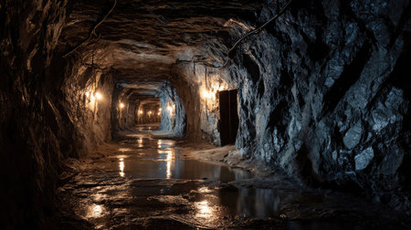 This image features a dark underground mine tunnel illuminated by dim lights, showcasing rocky walls and wet floor surfaces, evoking a sense of exploration.の素材