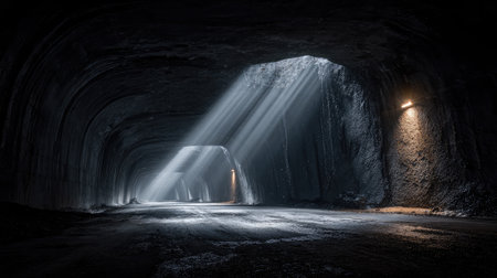 Explore the depths of a mysterious underground tunnel where dramatic light rays pierce through the darkness, creating an ethereal atmosphere.の素材