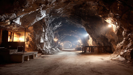 Step into this captivating underground cave showcasing stunning rock formations, soft lighting, and hints of mining history, perfect for exploration themes.の素材