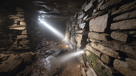 Explore the depths of an enigmatic underground cave, featuring wet stone walls and beams of light cutting through the darkness, creating a serene atmosphere.の素材