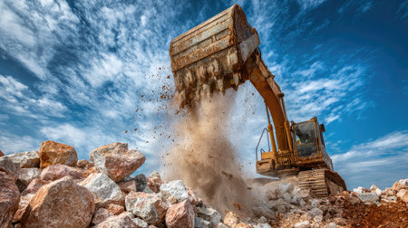 A powerful excavator operates at a construction site, lifting rocks and dirt while creating a cloud of dust under a bright blue sky. This image captures the essence of heavy machinery in action, showcasing both the beauty of the landscape and the industrious nature of construction work.の素材
