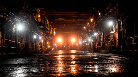 A captivating view of an abandoned industrial tunnel at night, featuring warm lights illuminating damp surfaces, creating a mysterious and eerie atmosphere.の素材