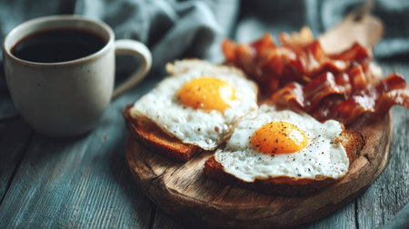 A perfect breakfast scene featuring two sunny-side-up eggs on golden toast beside crispy bacon, paired with a steaming cup of coffee. Ideal for morning meal inspiration.の素材