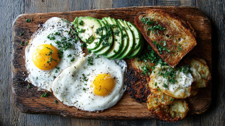 A visually appealing breakfast plate featuring perfectly fried eggs, sliced avocado, crispy hash browns, and toasted bread on a rustic wooden board.の素材
