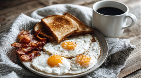 A delightful breakfast scene featuring two sunny-side up eggs, crispy bacon, toasted bread, and a steaming cup of coffee, set on a rustic wooden table.の素材