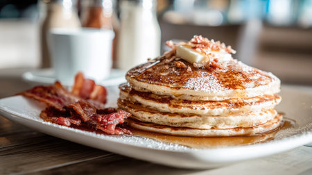 A mouthwatering image of a stack of fluffy pancakes topped with butter and crispy bacon on a white plate, perfect for a cozy breakfast or brunch.の素材