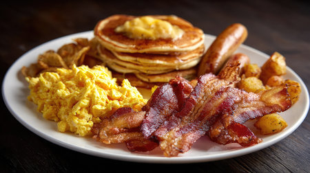 A mouthwatering breakfast platter showcasing fluffy pancakes, crispy bacon, scrambled eggs, savory sausage, and golden hash browns, perfect for any morning.の素材