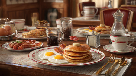 A mouthwatering breakfast spread showcasing fluffy pancakes topped with butter, sunny-side-up eggs, crispy bacon, and sausages, served in a warm and inviting dining room, perfect for showcasing gourmet breakfast ideas.の素材