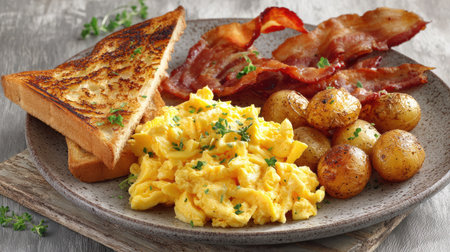 A beautifully arranged breakfast plate featuring creamy scrambled eggs, crispy bacon, golden potatoes, and toasted bread, perfect for morning meals.の素材