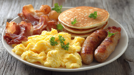 A hearty breakfast plate featuring fluffy scrambled eggs, golden pancakes, savory sausages, and crispy bacon garnished with fresh herbs, perfect for any morning meal.の素材