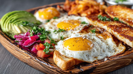 This appetizing breakfast platter features sunny side up eggs, creamy avocado slices, perfectly toasted bread, and crunchy fries, all beautifully arranged for a delightful meal.の素材