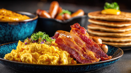 A vibrant breakfast spread featuring fluffy scrambled eggs, crispy bacon, savory sausages, and golden pancakes. Perfect for sharing with loved ones.の素材