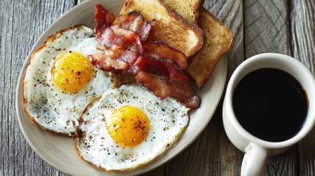A mouthwatering breakfast featuring perfectly fried eggs with golden yolks, crispy bacon strips, golden toast, and a steaming cup of coffee on a rustic wooden table.の素材