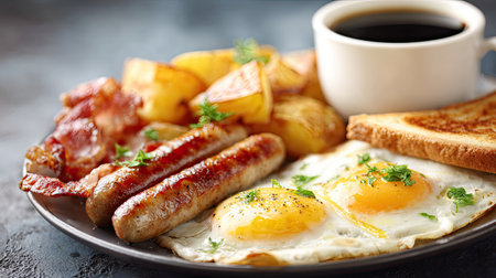 A beautifully arranged breakfast plate showcases golden fried eggs, crispy bacon, savory sausages, roasted potatoes, and a side of toast, complemented by a steaming cup of coffee.の素材