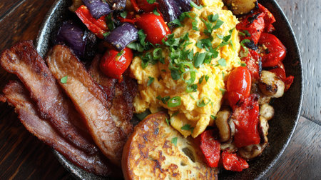 This vibrant breakfast plate features fluffy scrambled eggs, crispy bacon, sautの素材