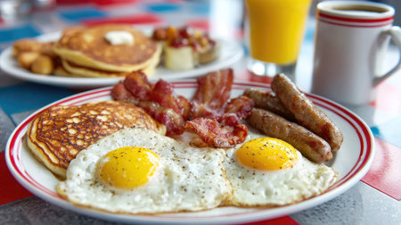A mouthwatering breakfast display featuring sunny side-up eggs, crispy bacon, savory sausages, fluffy pancakes, and refreshing orange juice, all set on a vibrant table.の素材