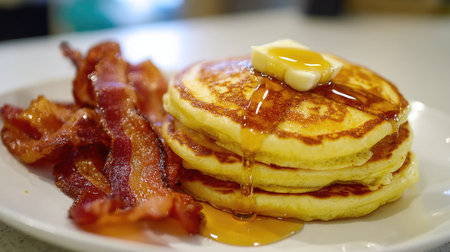 A tempting breakfast scene featuring a stack of fluffy pancakes drizzled with maple syrup and topped with a pat of butter, served alongside crispy bacon strips on a white plate, ideal for breakfast enthusiasts.の素材