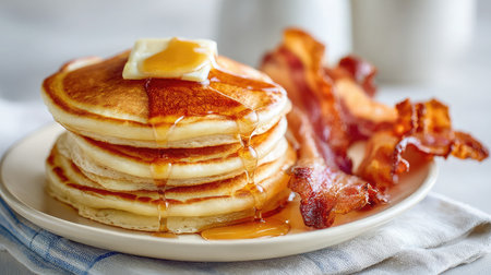 A delectable plate of stacked fluffy pancakes drizzled with rich maple syrup and topped with a pat of butter, accompanied by crispy bacon. Perfect for breakfast or brunch.の素材