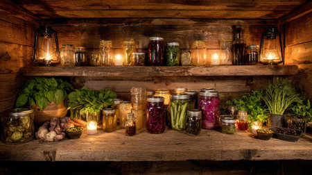 A cozy scene of rustic wooden shelves showcases an array of homemade preserves and fresh vegetables, illuminated by soft candlelight, creating a warm atmosphere.の素材