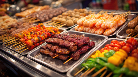 A vibrant spread of grilled skewers and seafood awaits at a bustling urban food stall, showcasing a variety of flavors and colors perfect for food lovers.の素材
