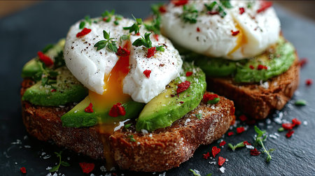A vibrant close-up of poached eggs atop creamy avocado slices on toasted dark bread, garnished with herbs and spices, showcasing a hearty breakfast.の素材