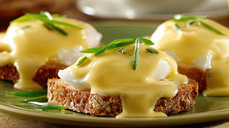 This appetizing Eggs Benedict showcases poached eggs atop whole wheat toast, generously drizzled with rich hollandaise sauce and fresh chives.の素材