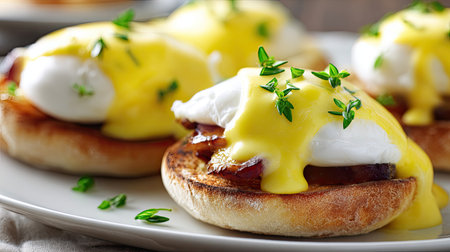 Indulge in a gourmet breakfast featuring eggs benedict, with perfectly poached eggs and rich hollandaise sauce on toasted English muffins, garnished with fresh herbs.の素材