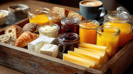 A beautifully arranged breakfast platter featuring a variety of cheeses, fresh spreads, artisan breads, and vibrant juices, perfect for any dining occasion.の素材