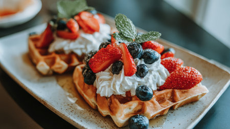 A mouthwatering scene featuring waffles piled high with fresh strawberries, blueberries, and whipped cream, garnished with mint leaves, ideal for food lovers.の素材