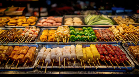 A mesmerizing scene of vibrant grilled skewers displayed at a bustling night market, showcasing various meats and colorful vegetables, inviting culinary enthusiasts.の素材