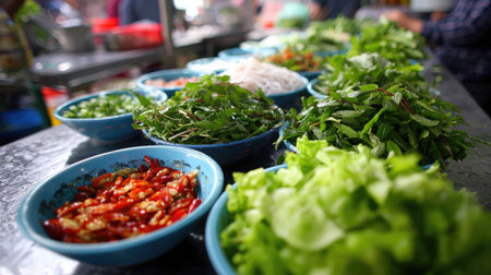 A colorful arrangement of fresh herbs and vegetables in bowls showcases the abundance and variety found in local markets, perfect for cooking.の素材