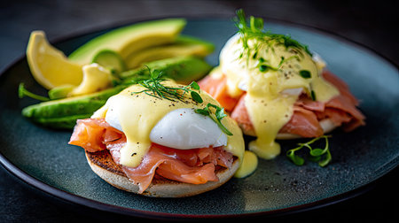 A visually stunning eggs benedict featuring poached eggs, smoked salmon, and rich hollandaise sauce served with lemon slices and fresh herbs.の素材