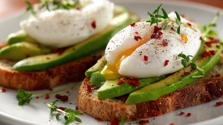 Enjoy a mouthwatering plate featuring poached eggs elegantly resting on creamy avocado slices atop toasted bread, accented by fresh herbs and spices.の素材