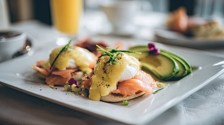 A beautifully arranged brunch plate featuring poached eggs on smoked salmon, served with avocado and hollandaise sauce, ideal for a cozy cafの素材