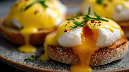 Indulge in a plate of Eggs Benedict featuring perfectly poached eggs drizzled with rich hollandaise sauce, garnished with fresh herbs and spices.の素材