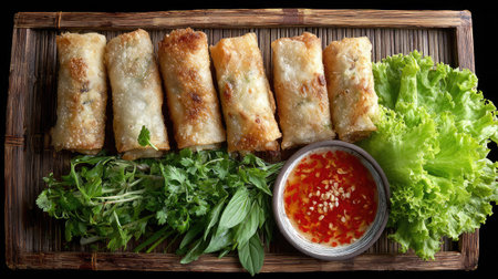 Indulge in a delicious platter of crispy spring rolls, accompanied by fresh herbs and sweet chili sauce, perfect for any dining occasion.の素材