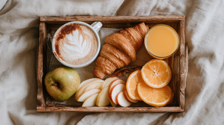 A cozy breakfast tray featuring a cappuccino, a buttery croissant, fresh apples, juicy oranges, and refreshing juice set on a soft bedspread, ideal for a relaxing morning.の素材