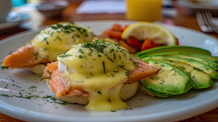 Enjoy a vibrant breakfast scene showcasing a hearty dish of poached eggs and smoked salmon, complemented by creamy hollandaise sauce and fresh avocado.の素材