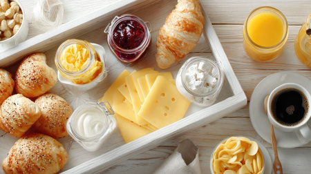 A visually appealing breakfast tray featuring flaky croissants, assorted cheeses, jams, yogurt, and fresh orange juice. Perfect for morning meals.の素材