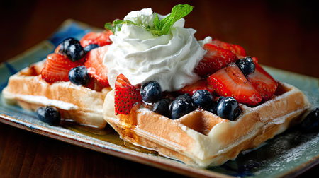 A sumptuous plate of waffles garnished with strawberries and blueberries, topped with fluffy whipped cream and a sprig of mint, creating a vibrant breakfast treat.の素材