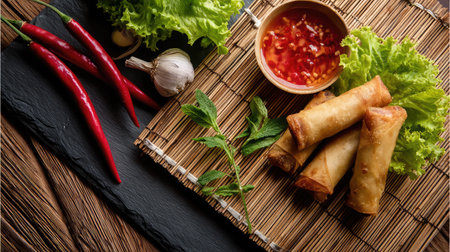 This vibrant image showcases delicious spring rolls paired with fresh lettuce and spicy dipping sauce, perfect for appetizers or light meals.の素材