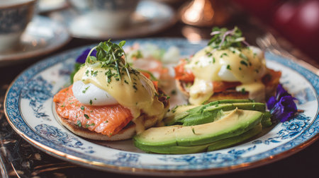 A beautiful brunch plate featuring creamy eggs Benedict on a bed of smoked salmon with slices of fresh avocado, garnished with herbs. Perfect for food enthusiasts.の素材