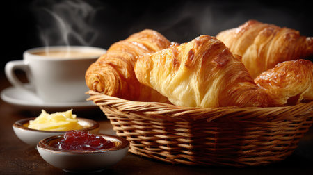 A delicious scene featuring freshly baked croissants in a woven basket, paired with a warm cup of coffee and savory condiments, perfect for breakfast.の素材