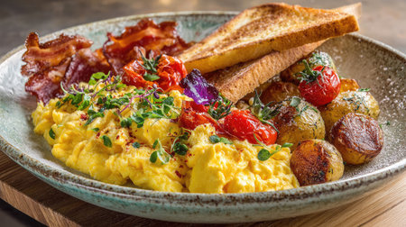 A captivating breakfast plate featuring fluffy scrambled eggs, crispy bacon, toasted bread, roasted cherry tomatoes, and seasoned potatoes, perfect for food enthusiasts.の素材