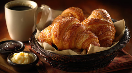 A cozy setting featuring freshly baked croissants alongside a cup of coffee, perfect for breakfast or a delightful snack. The inviting warmth enhances the experience.の素材