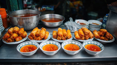 This image captures an enticing display of freshly fried spring rolls, perfectly arranged alongside bowls of tangy dipping sauce at a lively street food market.の素材