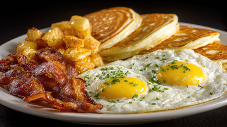 A tempting breakfast plate showcasing sunny side up eggs, crispy bacon, golden hash browns, and fluffy pancakes. Perfect for morning cravings.の素材